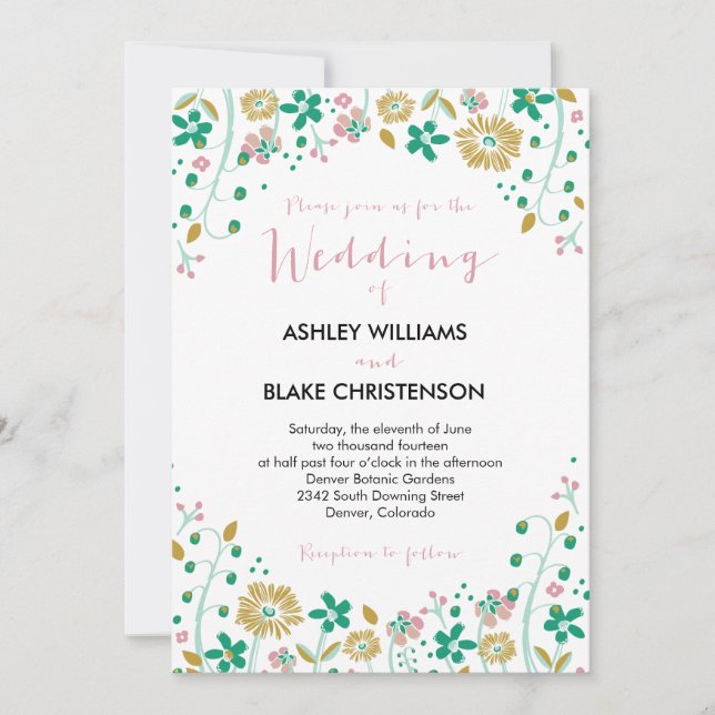 Invitación a la boda floral rústica Mint Gold (Anverso)