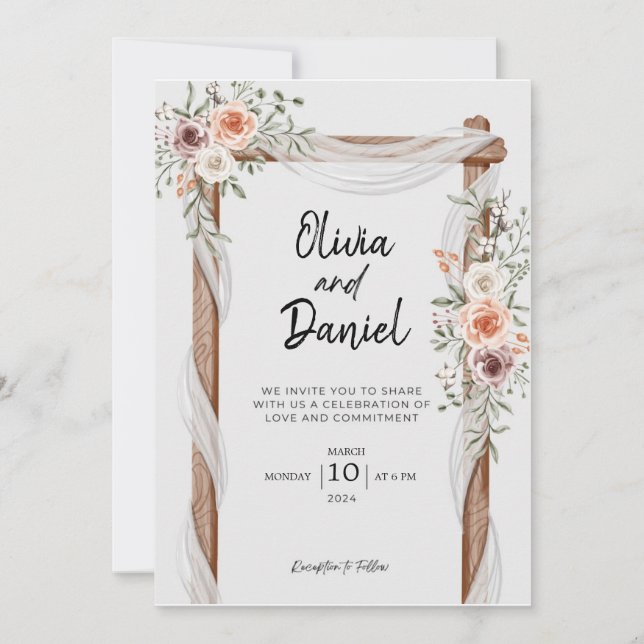 Invitación a la boda floral rústica y blanca marró (Anverso)