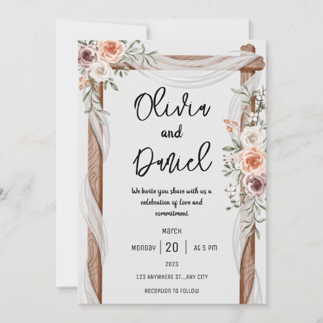 Invitación a la boda floral rústica y blanca marró (Anverso)