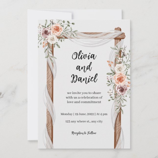 Invitación a la boda floral rústica y blanca marró (Anverso)