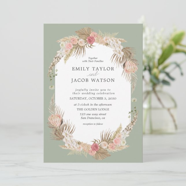 Invitación a la boda floral Sage Green Boho (Anverso de pie)