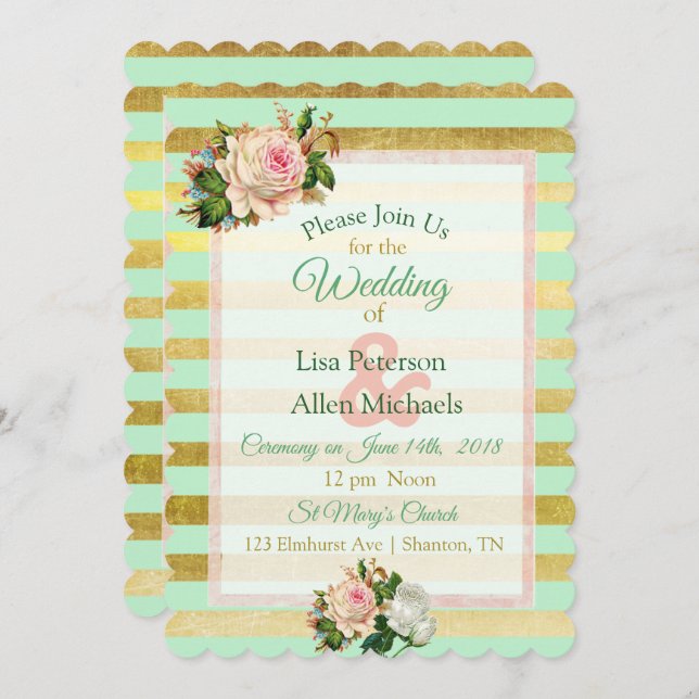 Invitación a la boda floral Sage Green Gold Stripe (Anverso / Reverso)