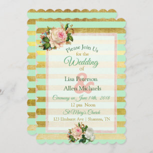Invitación a la boda floral Sage Green Gold Stripe