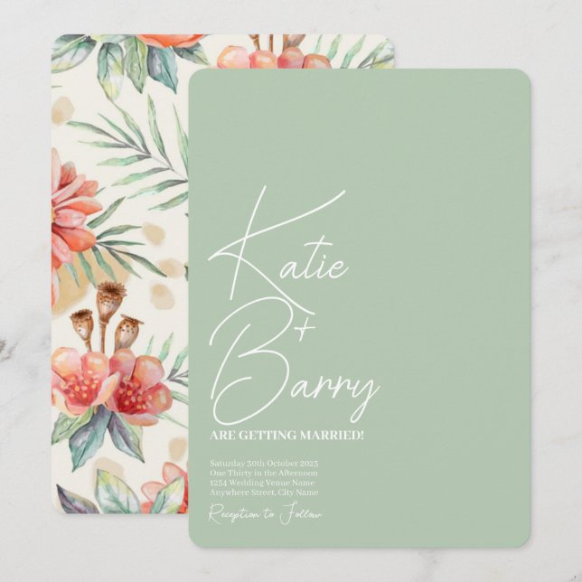 Invitación a la boda floral Sage moderna y simple (Anverso / Reverso)