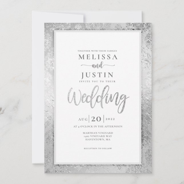 Invitación a la boda floral Silver Damask (Anverso)