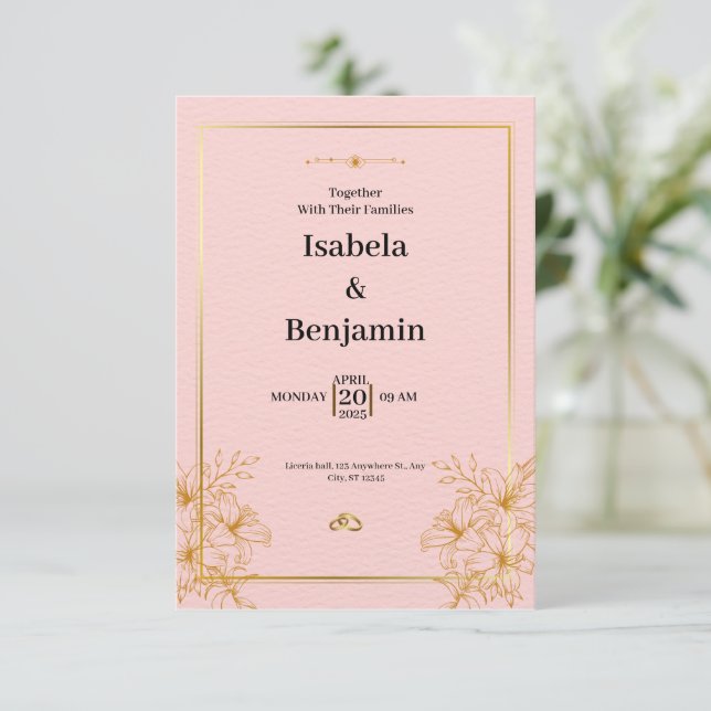 Invitación a la boda floral simple de oro (Anverso de pie)