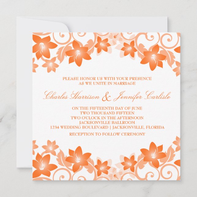 Invitación a la boda floral simple naranja (Anverso)