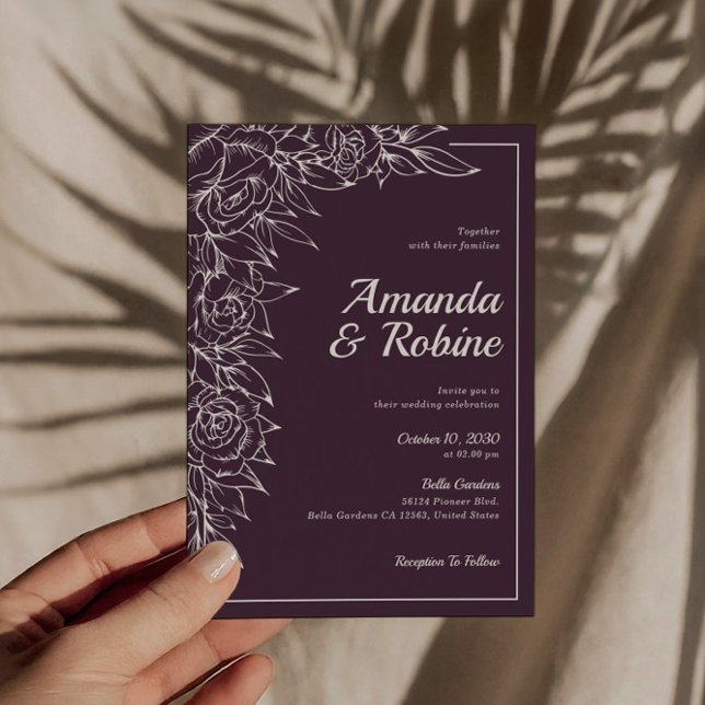 Invitación a la boda floral simple púrpura y blanc (Subido por el creador)