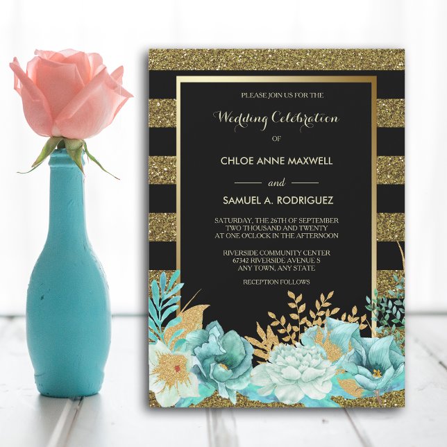 Invitación a la boda floral Sparkle Stripe Gold Mi (Subido por el creador)