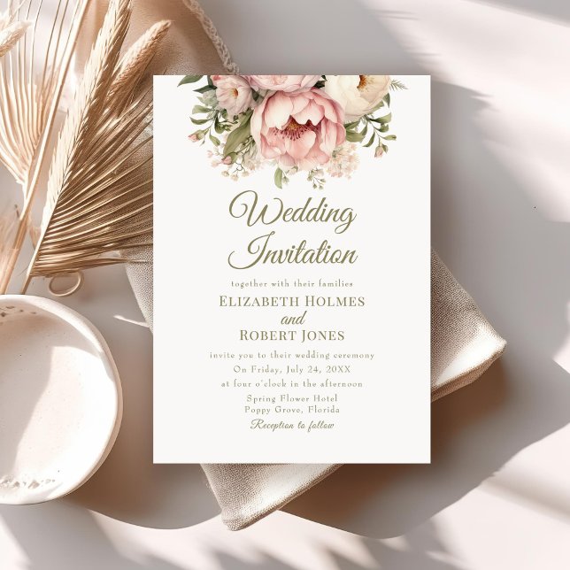 Invitación a la boda floral suave de Peach y Rubor (Soft Peach and Blush Floral Wedding Invitation on a neutral boho wedding table.)
