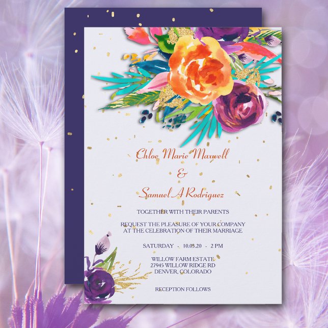 Invitación a la boda floral Tangerina Azul Moderna (Subido por el creador)