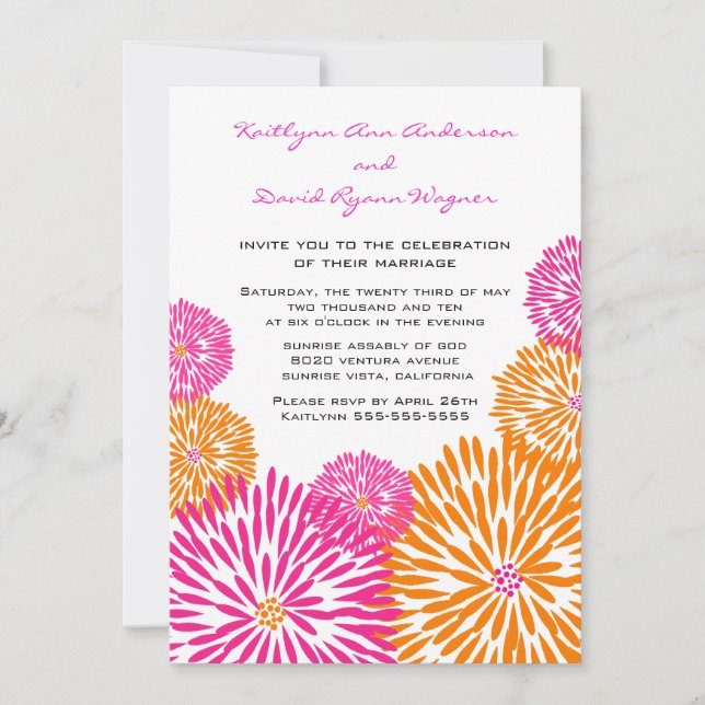 Invitación a la boda floral Tangerina y Rosa (Anverso)