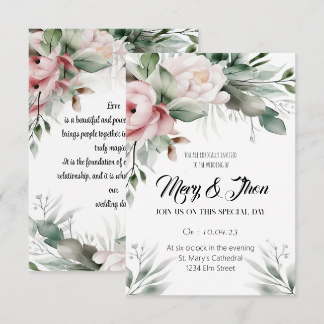 Invitación a la boda floral Tonos verdes (Anverso / Reverso)