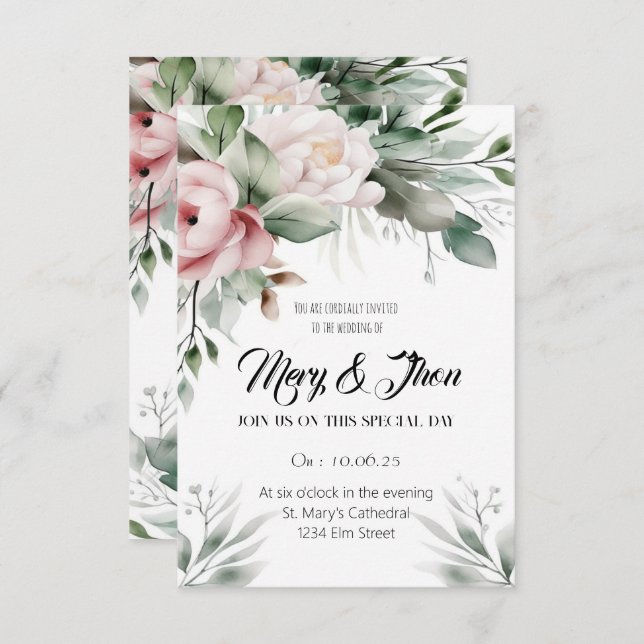 Invitación a la boda floral Tonos verdes (Anverso / Reverso)