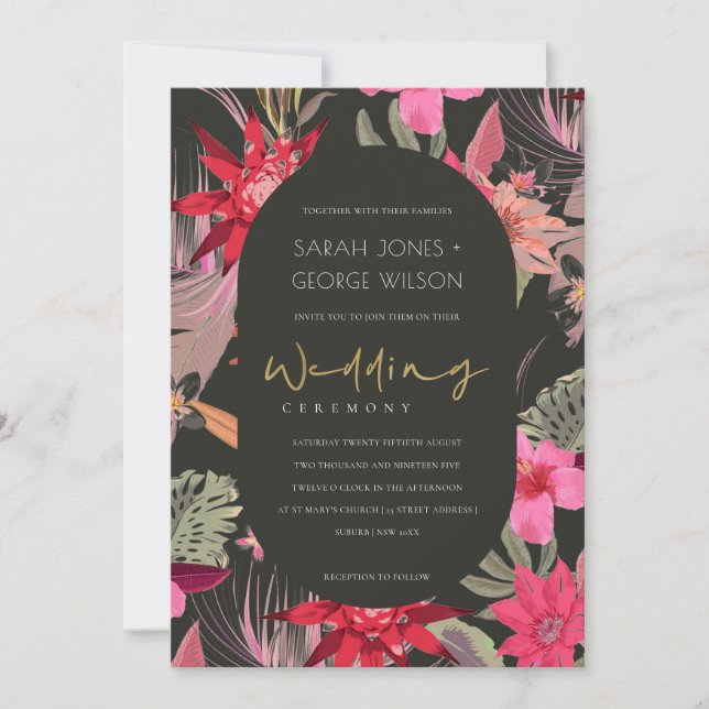 Invitación a la boda floral tropical de Rubor de B (Anverso)