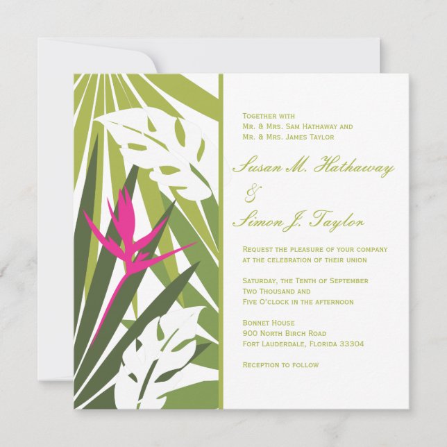 Invitación a la Boda Floral Tropical - Verde y Pin (Anverso)