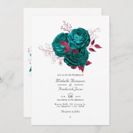 Invitación a la boda floral turquesa y borgoñona