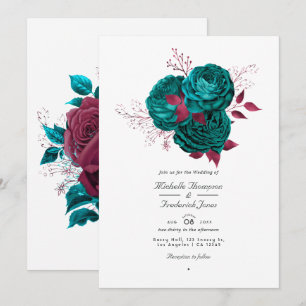 Invitación a la boda floral turquesa y borgoñona