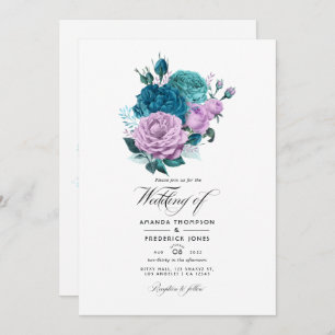 Invitación a la boda floral turquesa y lavanda