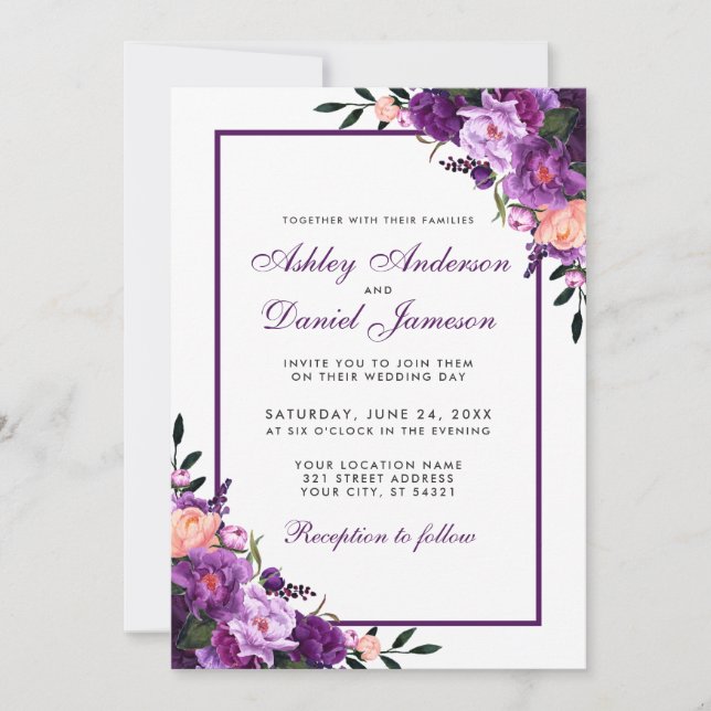 Invitación a la boda floral ultravioleta púrpura P (Anverso)
