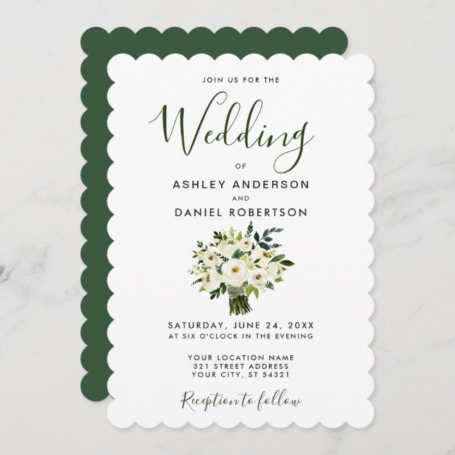 Invitación a la boda floral verde acuarela moderna (Anverso / Reverso)