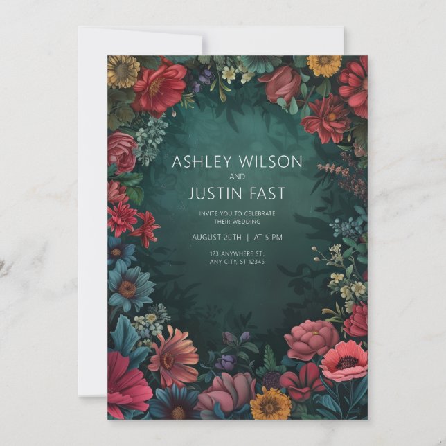 Invitación a la boda floral verde azulada (Anverso)