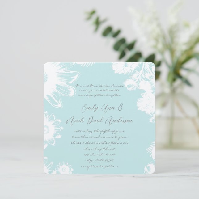 Invitación a la boda floral Verde azulada de vinta (Anverso de pie)