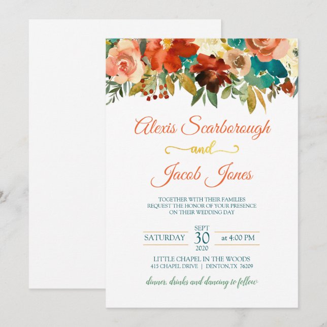 Invitación a la boda floral verde azulada, Naranja (Anverso / Reverso)