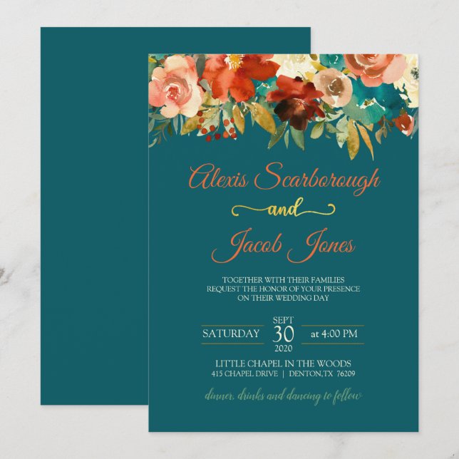 Invitación a la boda floral Verde azulada, Naranja (Anverso / Reverso)