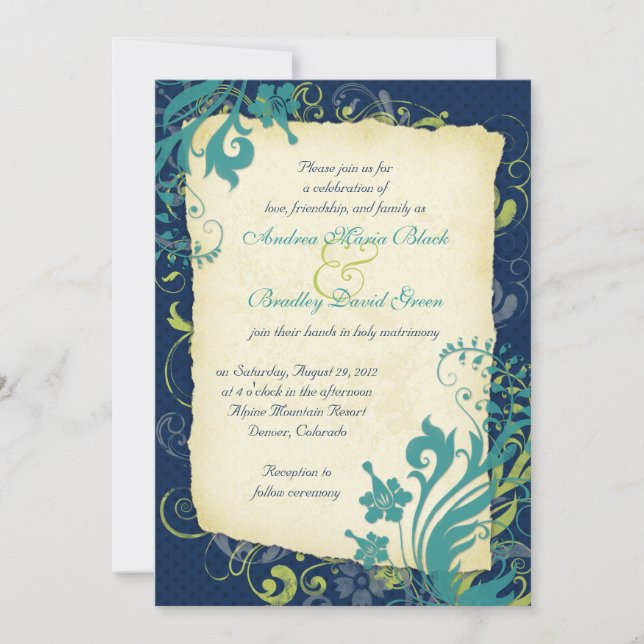 Invitación a la boda floral Verde azulada verde az (Anverso)