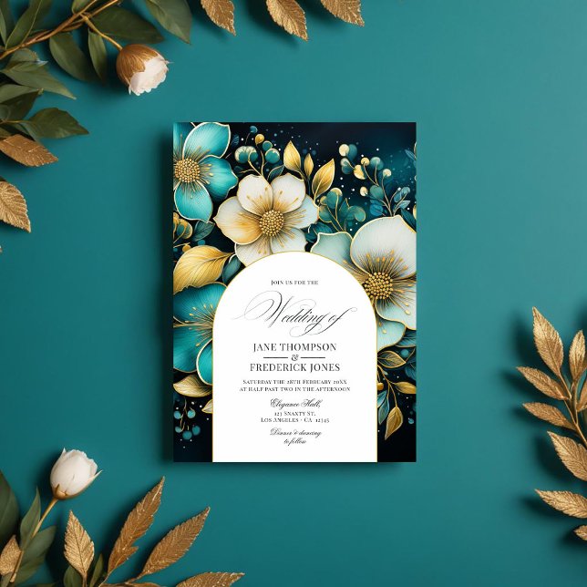 Invitación a la boda floral verde azulada y de oro (Teal and Gold Floral Wedding Invitation)