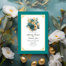 Invitación a la boda floral verde azulada y de oro