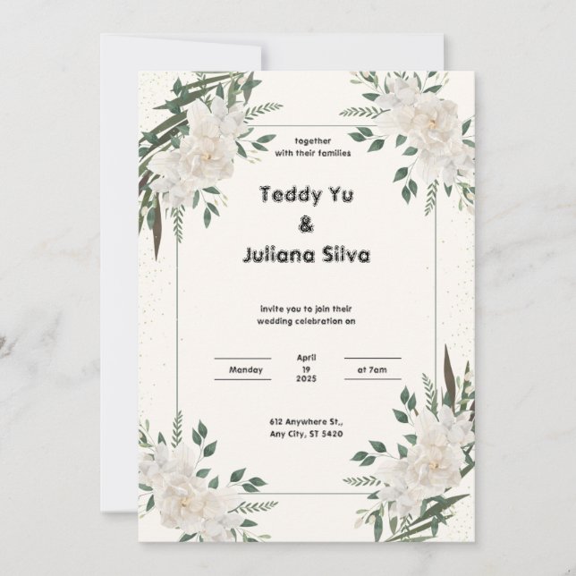 Invitación a la boda floral verde crema (Anverso)