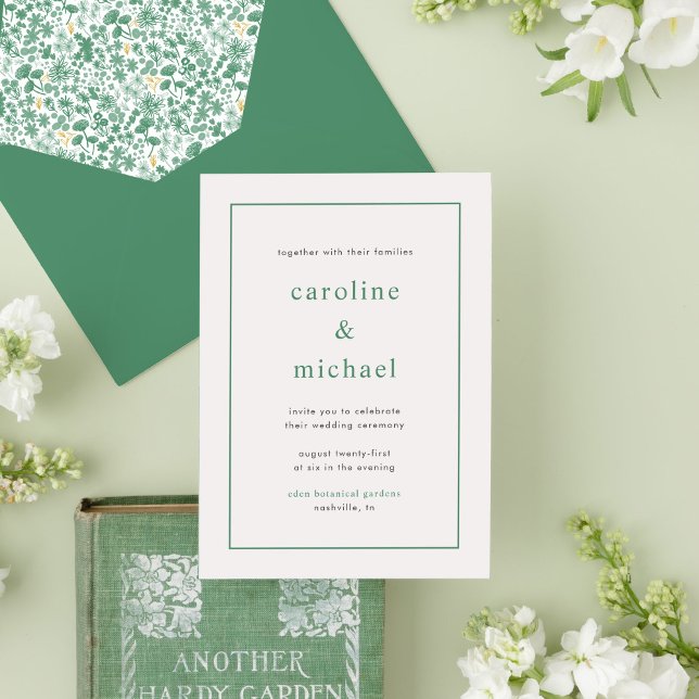 Invitación a la boda floral verde de moda (Green and white ditzy floral garden chic wedding invitation.)