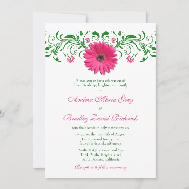 Invitación a la boda floral verde de Pink Gerber D (Anverso)