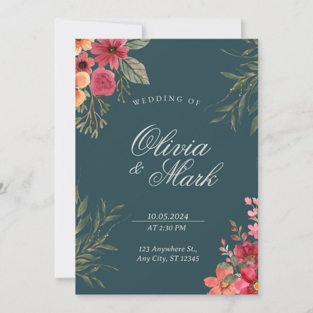 Invitación a la boda floral verde esmeralda (Anverso)