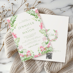 Invitación a la boda floral verde rosa bohemio
