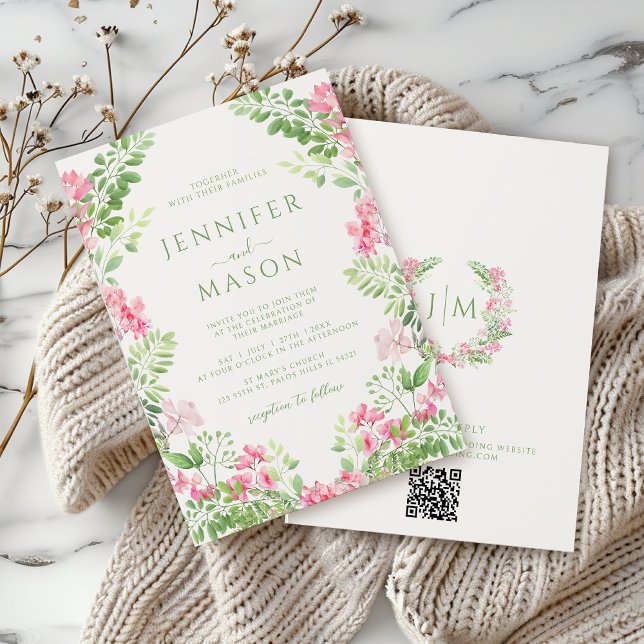 Invitación a la boda floral verde rosa bohemio (Subido por el creador)
