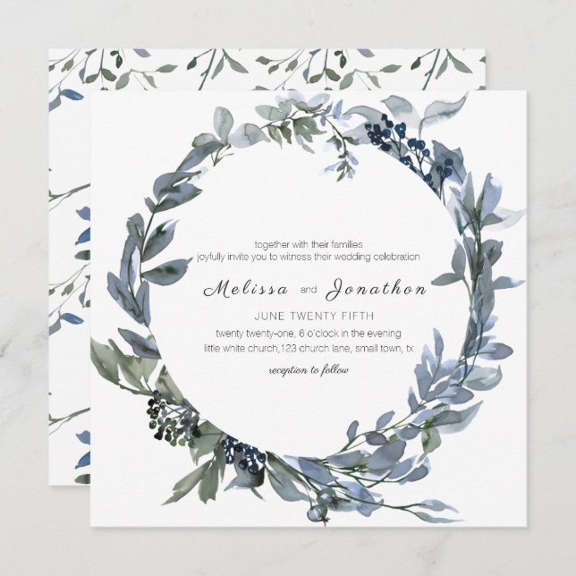 Invitación a la boda floral verde Sage Silver (Anverso / Reverso)