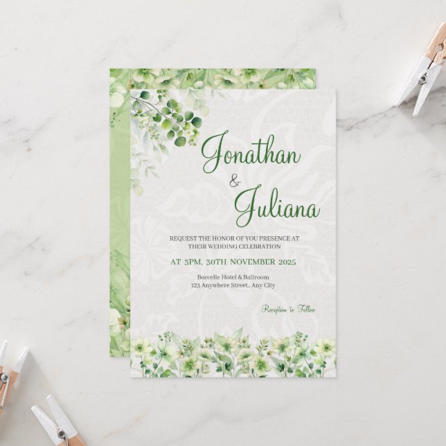 Invitación a la boda floral verde suave (Anverso/Reverso In Situ)