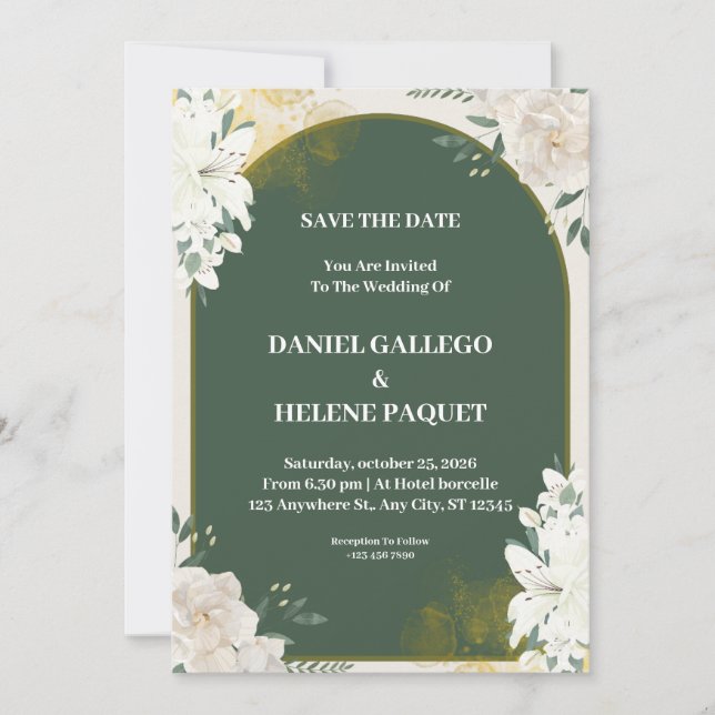 Invitación a la boda floral verde y blanca (Anverso)