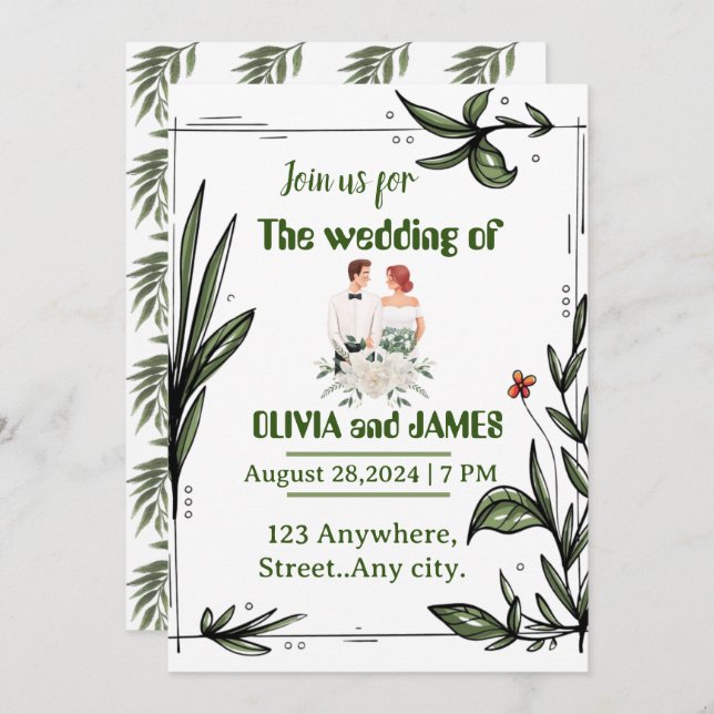 Invitación a la boda floral verde y blanca (Anverso / Reverso)