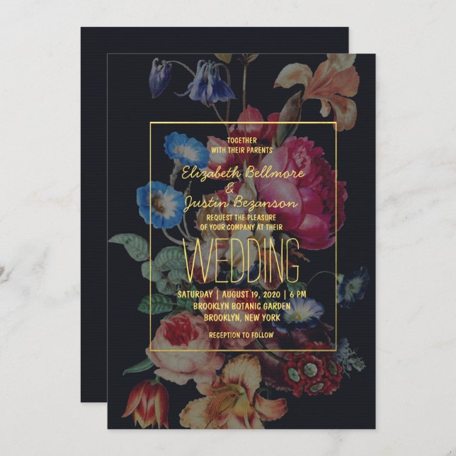 Invitación a la boda floral vintage oscura (Anverso / Reverso)