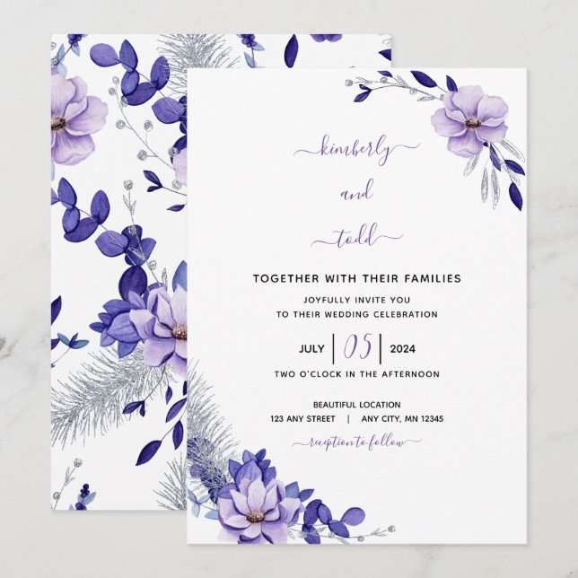 Invitación a la boda floral Violet Lavender y Silv (Anverso / Reverso)