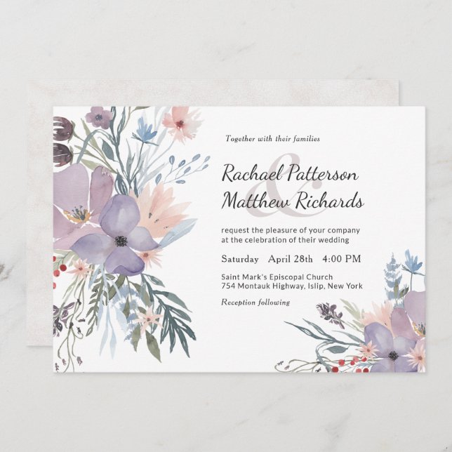 Invitación a la boda floral Violet Meadow Watercol (Anverso / Reverso)