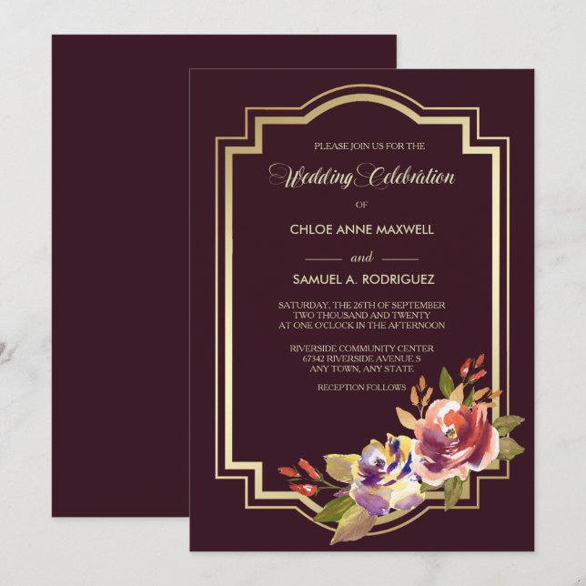 Invitación a la Boda Floral Violet Purple Gold Fra (Anverso / Reverso)
