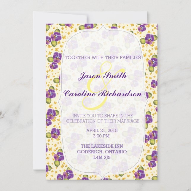 Invitación a la boda floral violeta y amarilla (Anverso)