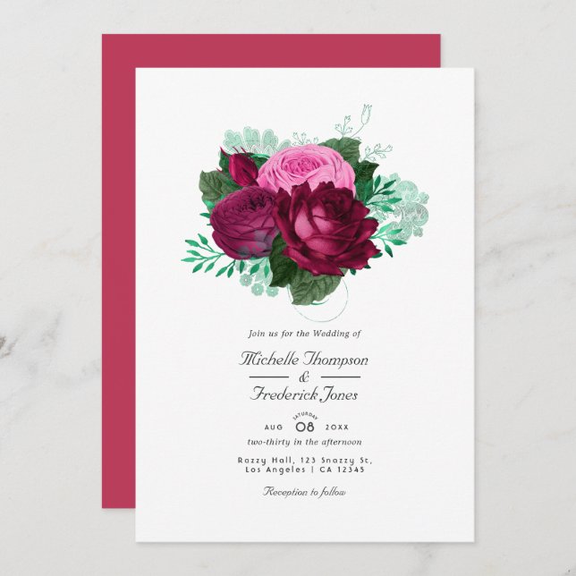 Invitación a la boda floral Viva Magenta (Anverso / Reverso)