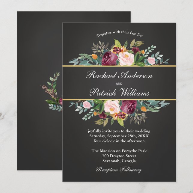 Invitación a la boda floral y a la pizarra rústica (Anverso / Reverso)