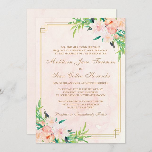 Invitación a la boda floral y acuarela de Peach (Anverso / Reverso)